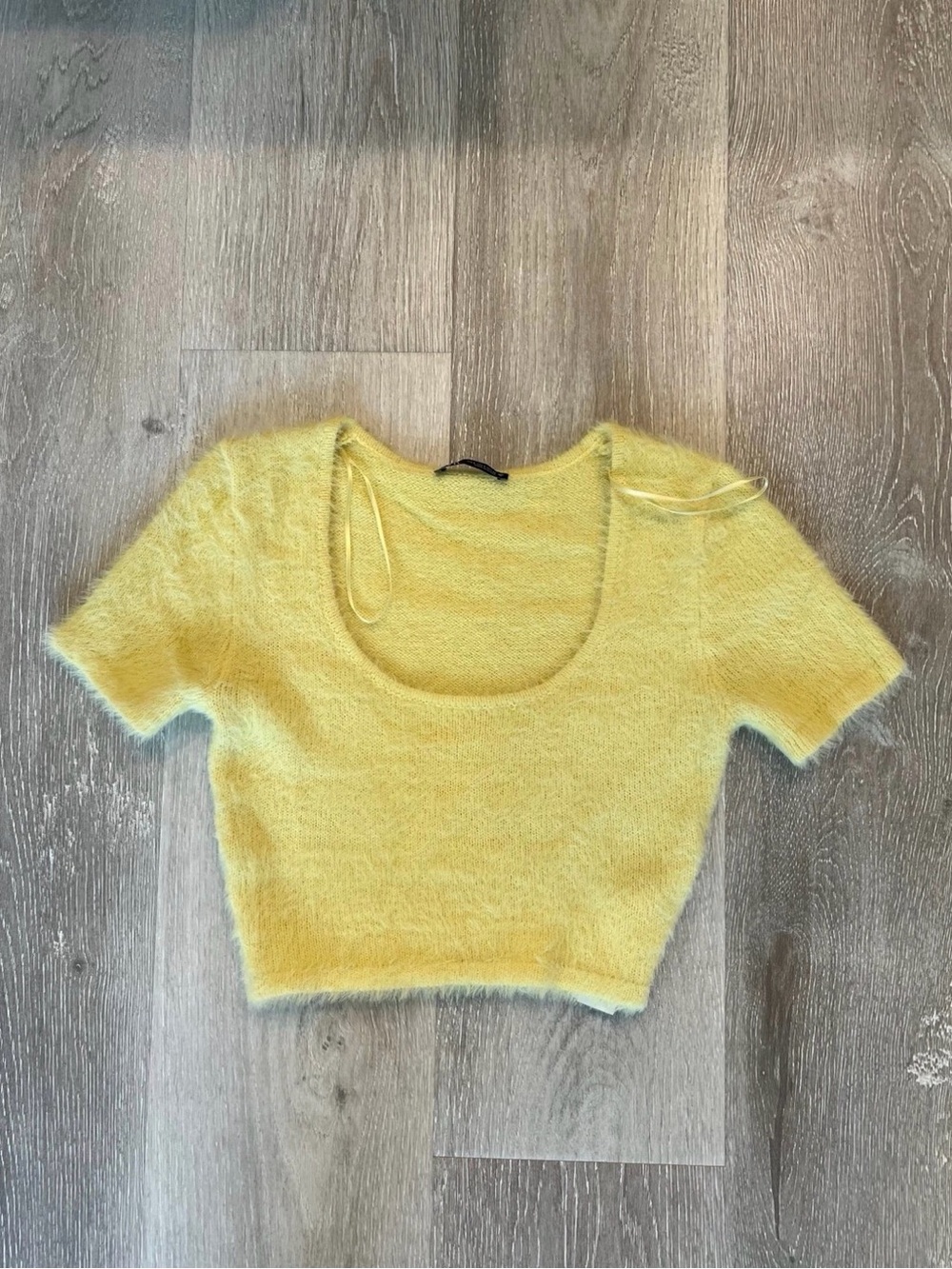 Zara Soft Yellow Fuzzy Scoop-Neck Crop Top